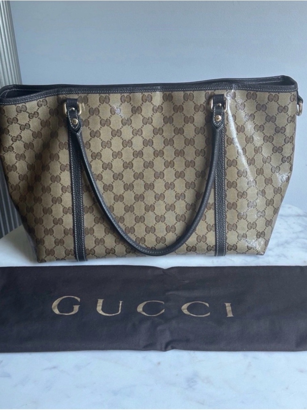 Authentic Gucci GG Monogram Tote Bag Beige/Brown Canvas & Leather – Like New - Picture 2 of 11